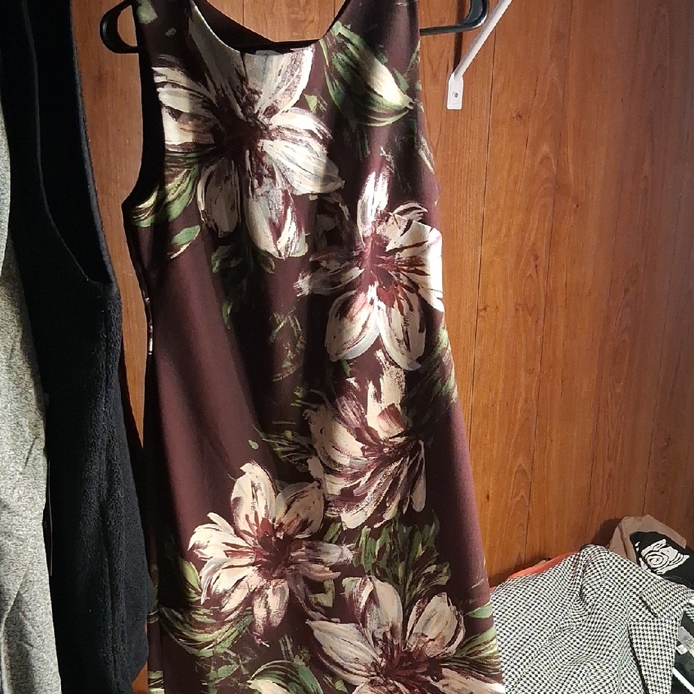 Calvin Klein Brown Floral Dress with Cream & Green Print